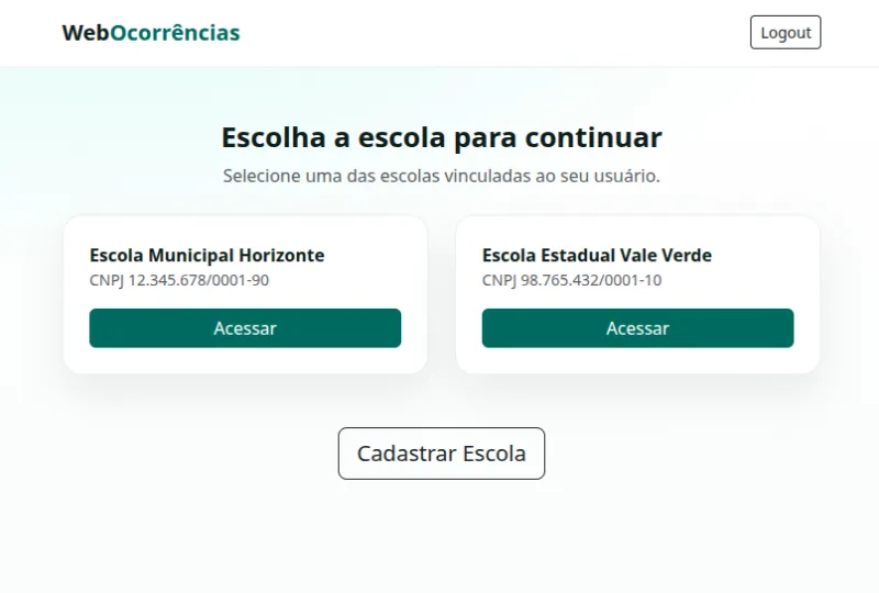 Tela de escolha de instituição para acesso