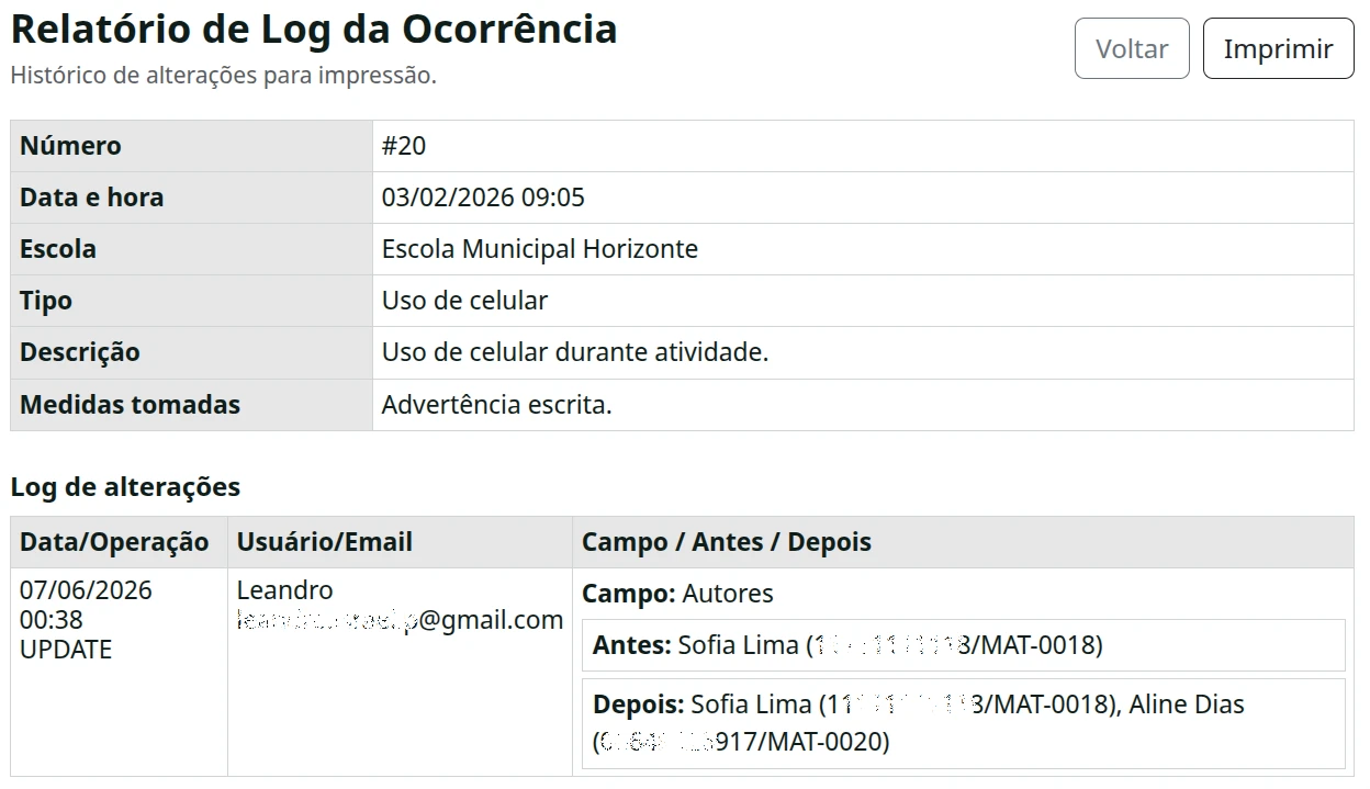 Relatório de log de alterações da ocorrência